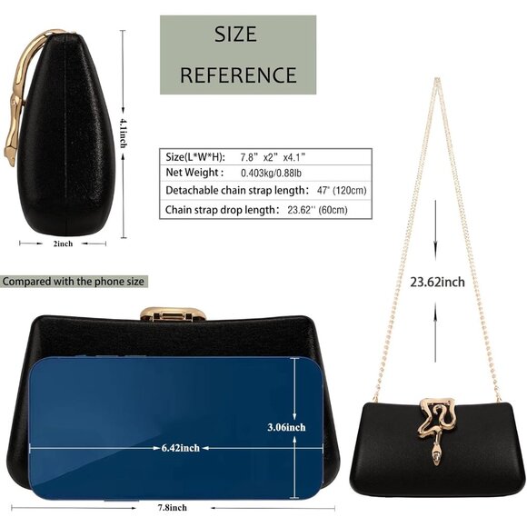 Women's Black Formal Evening Clutch Purse Synthetic Leather With Snake Clasp - Picture 4 of 8